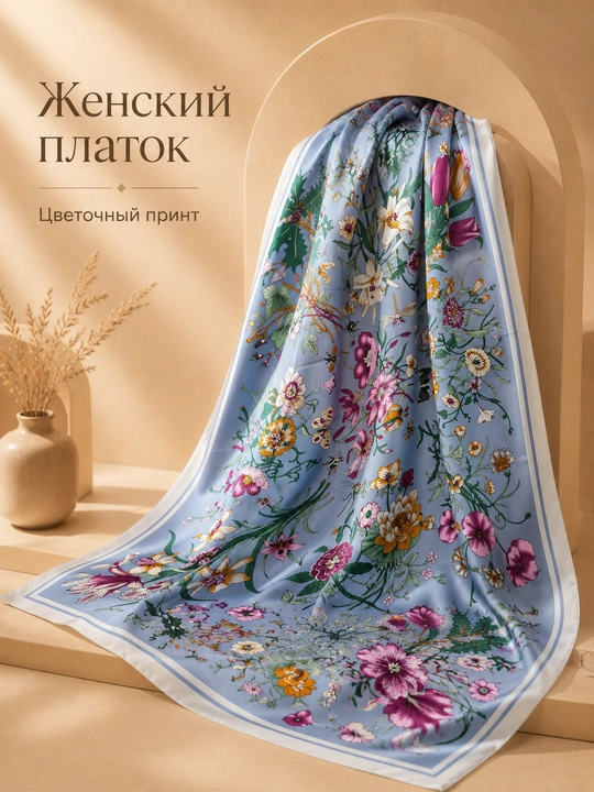 Ayollar uchun atlas ro‘mol 130x130 sm, katta kvadrat bosh ro‘mol, hijob uchun gulli ro‘mol