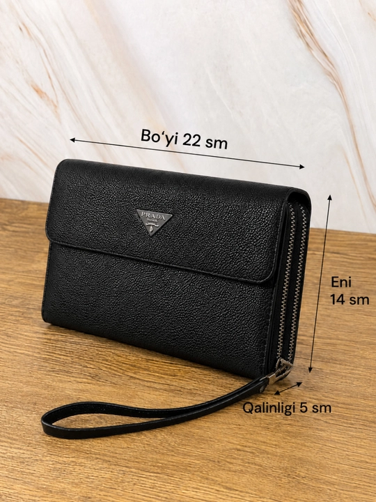 Черная барсетка с надписью PRADA, 22×14×5 см, с ремешком на запястье - 