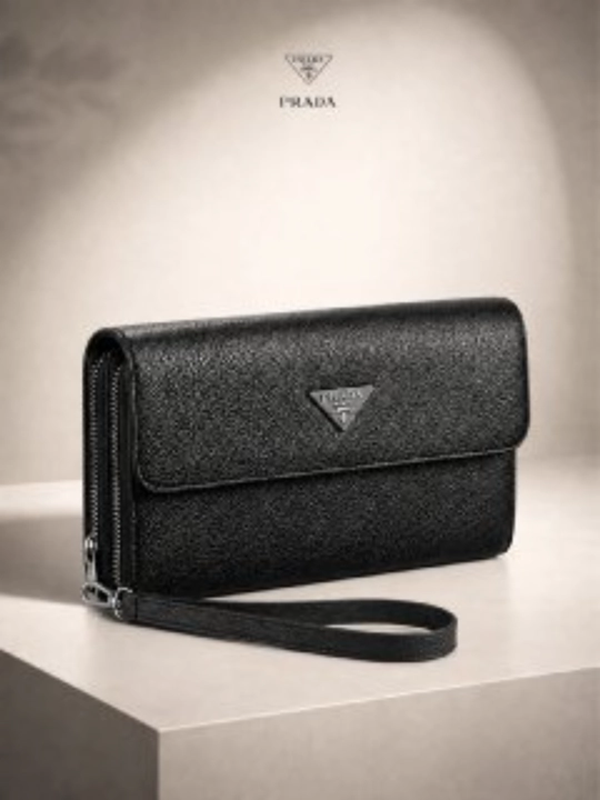 PRADA yozuvli qora barsetka, 22×14×5 sm, bilak tasmasi bilan