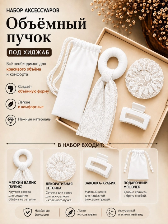 Набор аксессуаров под хиджаба, валик для пучка, сеточка для волос, заколка-крабик