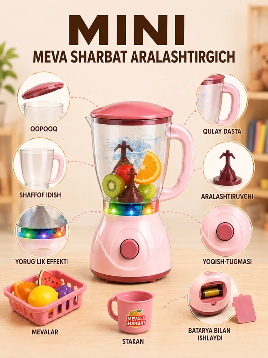 Bolalar uchun mini meva sharbat aralashtirgich o‘yinchoq chiroqli batareyali 3 yoshdan