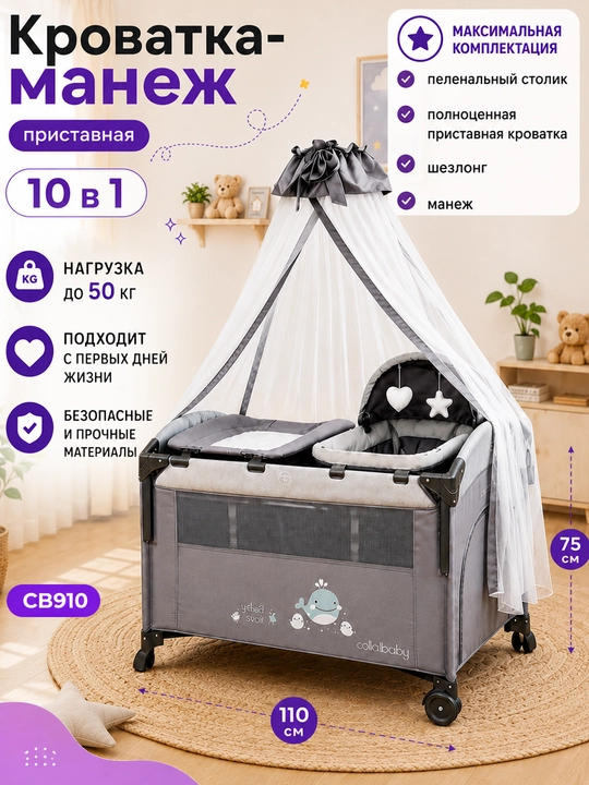 Многофункциональная детская кроватка, манеж, нагрузка до 50 кг, 0–4 лет - 