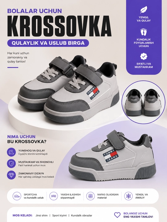 Bolalar krossovkasi, o‘g‘il bolalar oyoq kiyimi, kulrang krossovka, velkro krossovka - 