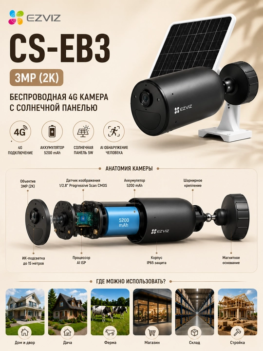 EZVIZ CS-EB3 4G KIT — беспроводная 4G камера видеонаблюдения с солнечной панелью