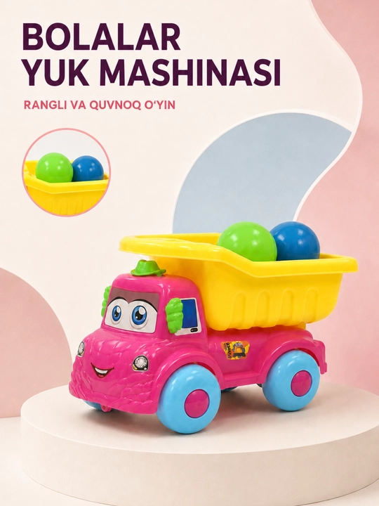 Bolalar uchun 3 ta rangli koptokli quvnoq o‘yinchoq yuk mashinasi