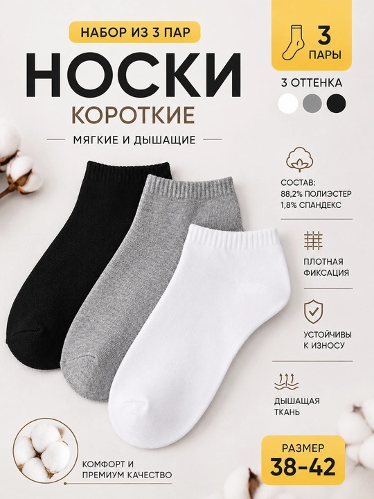 Мужские короткие носки, набор 3 пары, 3 оттенка, размер 38–42 - 
