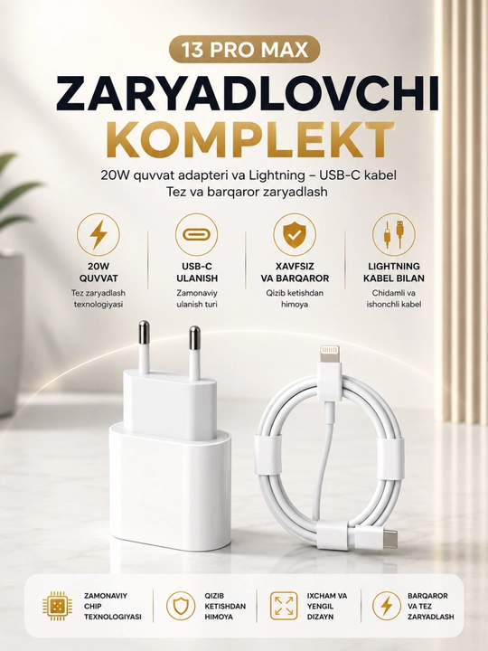 IPhone uchun zaryadchik, zaryadnik tez zaryadlovchi 35 Vt, Type-Cdan Lightning kabel bilan - 