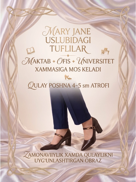 Ayollar tuflisi Mary Jane, maktab, ofis va universitet uchun, qulay poshnoli, klassik