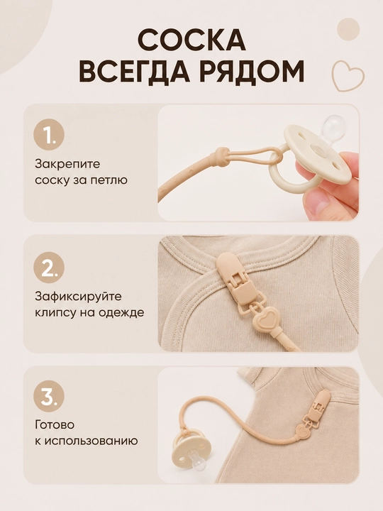 Держатель для соски силиконовый с клипсой, эластичный ремешок 30 см