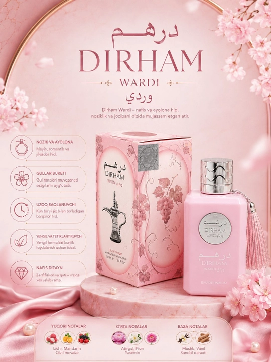 Dirham Wardi Eau de Parfum — женские духи с нежным цветочным ароматом, 100 мл - 