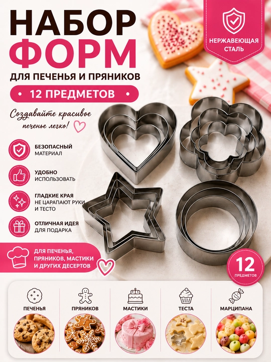 Metall pechenye qoliplari to‘plami, xamir kesgich, pryanik va pechenye uchun, 12 dona - 
