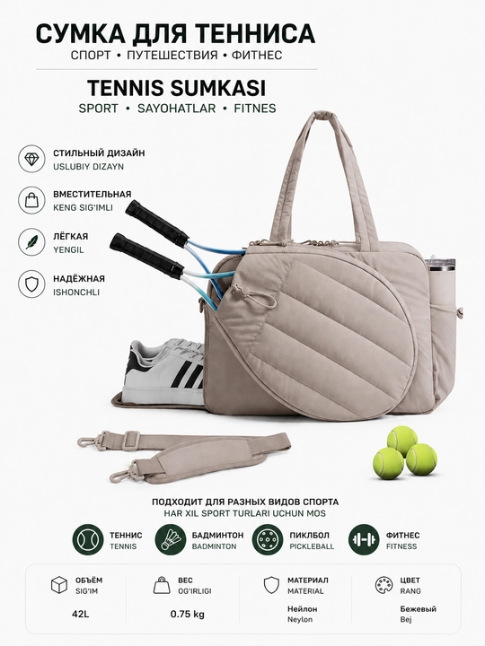 Tennis raketkalari uchun poyabzal bo‘limiga ega sport sumkasi - 