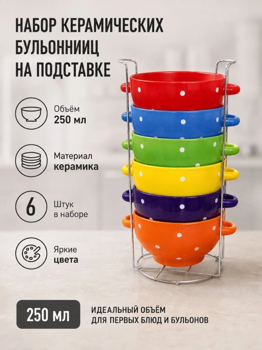 Набор из 6 керамических бульонниц, с металлической подставкой - 