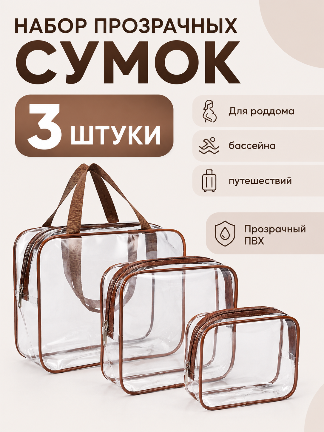 Прозрачные сумки ПВХ для роддома, бассейна и путешествий, набор 3 шт