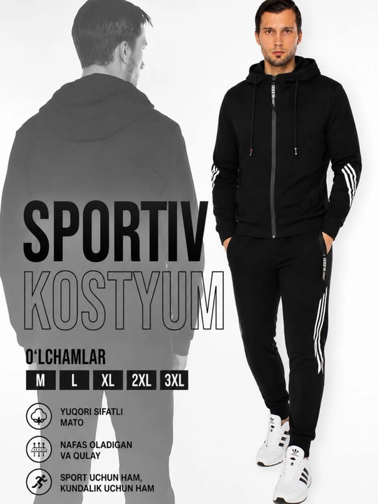 Erkaklar sport kostyumi ikki qismli, kapushonli molniyali svitshot va shim - 