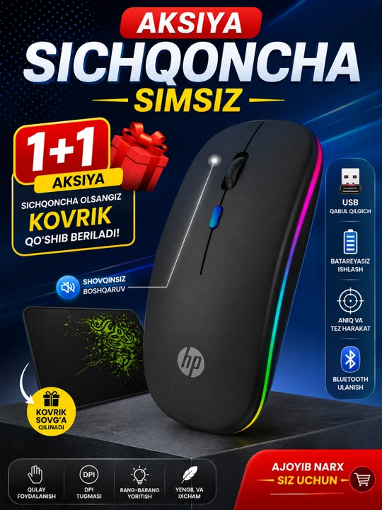 Беспроводная мышь и коврик для компьютера, набор 1+1, USB-приёмник