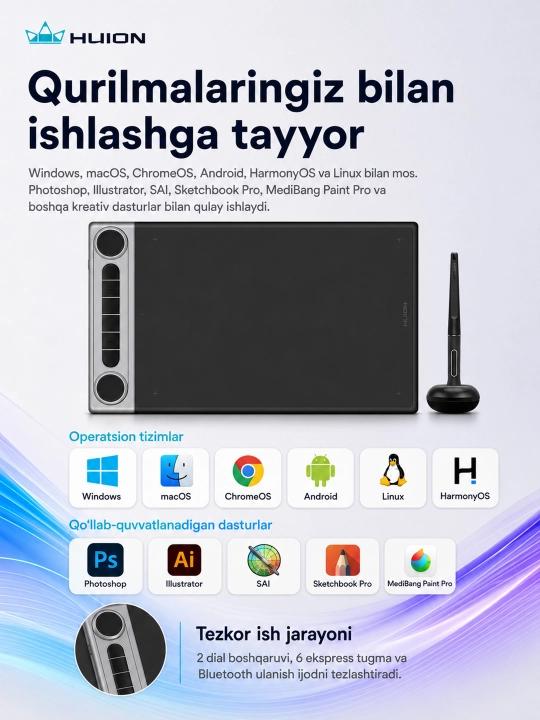 Grafik plansheti Huion Inspiroy Dial 2 Q630M , 10.5"x6.25", BT, USB-C, qora