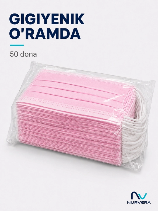 Bir martalik filtrli yuz niqoblari NURVERA, 3 qatlamli, 50 va 10 donalik qadoqda