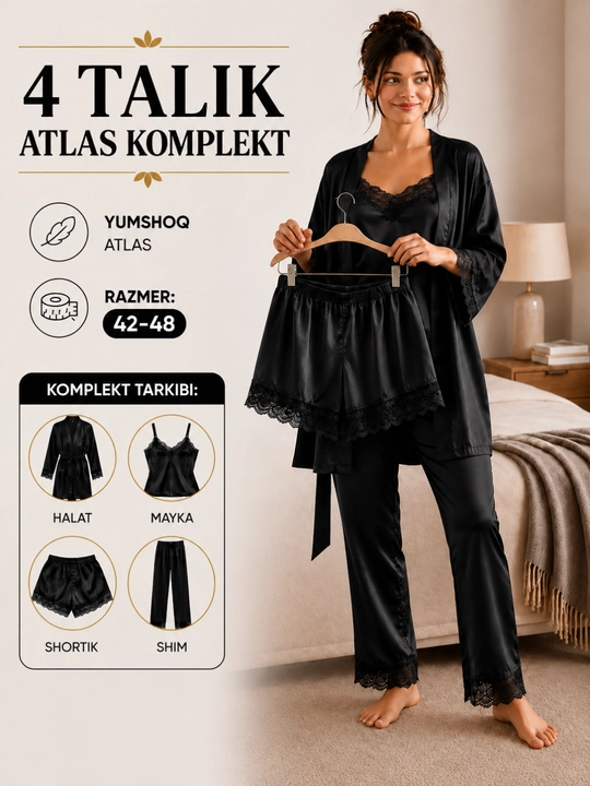 Женский атласный комплект 4 в 1: халат, майка, шорты, брюки 42–48 - 
