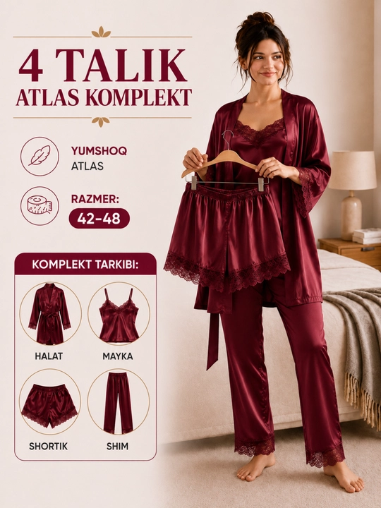 Женский атласный комплект 4 в 1: халат, майка, шорты, брюки 42–48 - 
