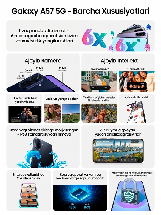 Смартфон Samsung Galaxy A57 5G, Super AMOLED 120Hz 6.7", 5000 mAh