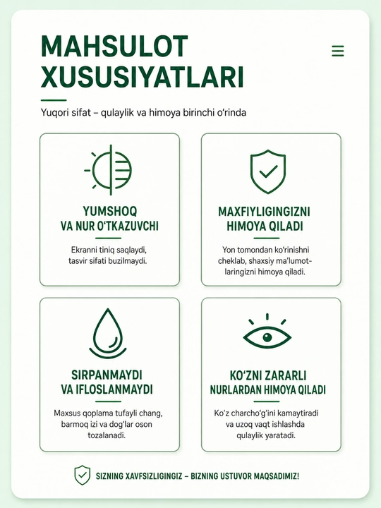 15:6 o‘lchamdagi ko‘k yorug‘likdan himoya qiluvchi va ekran maxfiyligini ta’minlovchi noutbuk ekrani uchun himoya plyonkasi