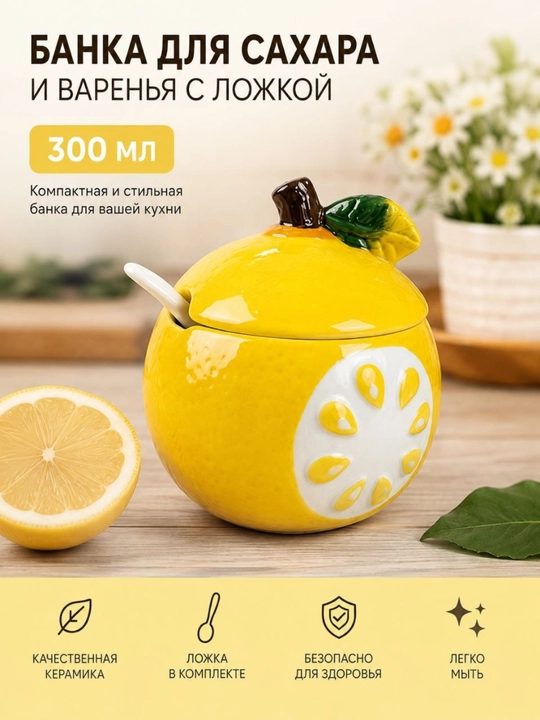 Qand va murabbo uchun qoshiqli keramik qanddon, 350 ml - 