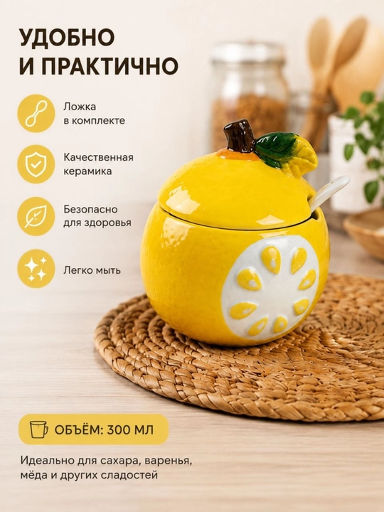 Qand va murabbo uchun qoshiqli keramik qanddon, 350 ml