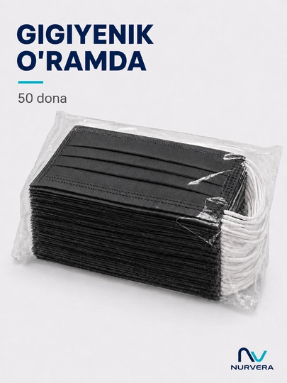 Bir martalik filtrli yuz niqoblari NURVERA, 3 qatlamli, 50 va 10 donalik qadoqda
