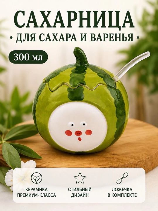 Qand va murabbo uchun qoshiqli keramik qanddon, 350 ml - 