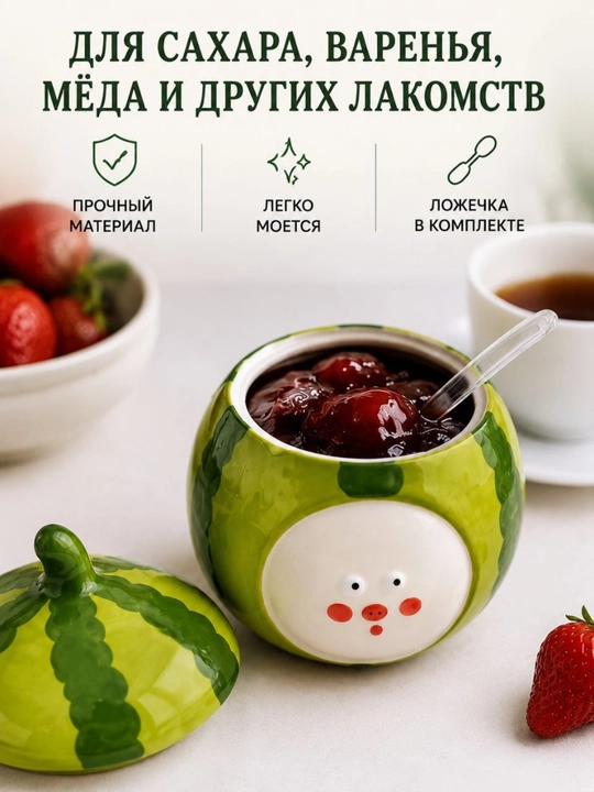 Qand va murabbo uchun qoshiqli keramik qanddon, 350 ml