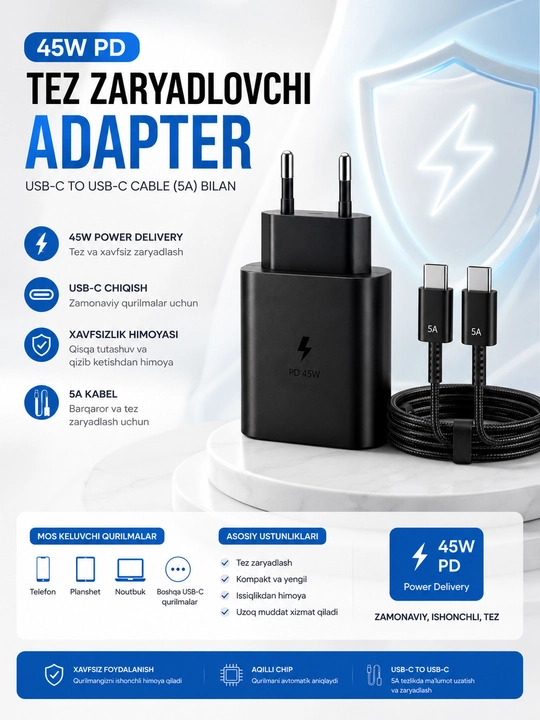 Samsung quvvatlagichi 45W,  Type-C kabeli, zaryadlovchi - 