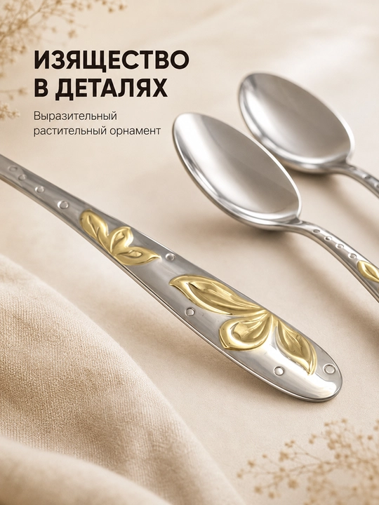 Набор столовых ложек 6 шт, нержавеющая сталь, золотой орнамент, для кухни