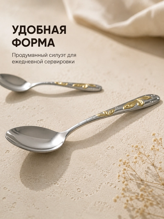 Набор столовых ложек 6 шт, нержавеющая сталь, золотой орнамент, для кухни