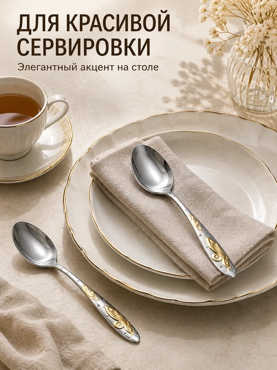 Набор столовых ложек 6 шт, нержавеющая сталь, золотой орнамент, для кухни