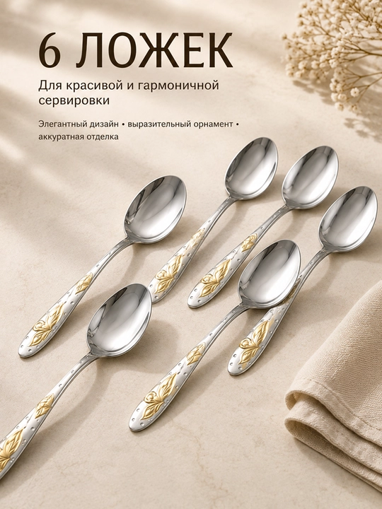 Набор столовых ложек 6 шт, нержавеющая сталь, золотой орнамент, для кухни