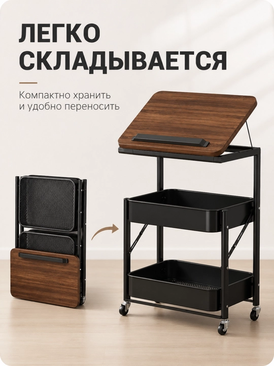 Этажерка на колесах с деревянной столешницей, 2,3 корзины, нагрузка до 30 кг