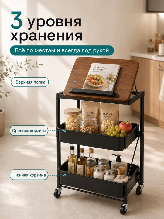 Этажерка на колесах с деревянной столешницей, 2,3 корзины, нагрузка до 30 кг