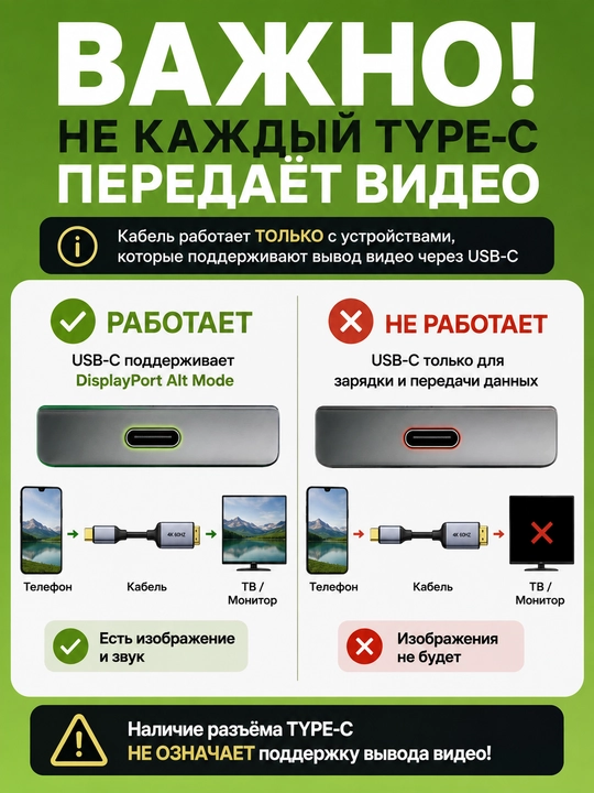 USB Type-C → HDMI kabeli 4K 60Hz, 1 m, Type-C dan HDMI adapter, bir tomonlama