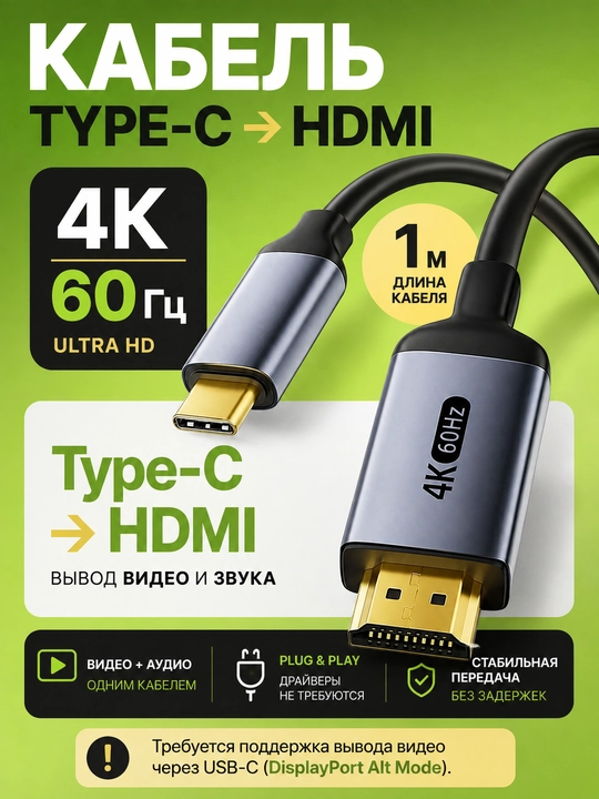 USB Type-C → HDMI kabeli 4K 60Hz, 1 m, Type-C dan HDMI adapter, bir tomonlama - 