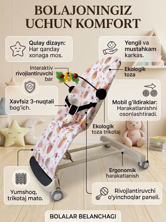 Детское кресло-шезлонг-качалка с вибрацией и музыкой, 4 положения, от 0+ месяцев