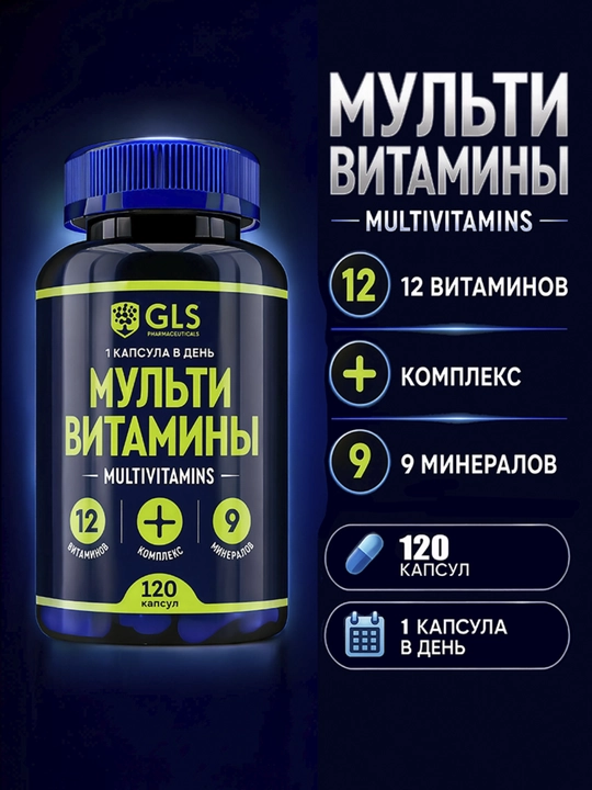 GLS Мультивитамины 12+9, витаминно-минеральный комплекс для мужчин и женщин, 120 капсул - 
