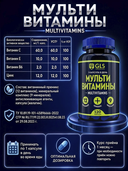 GLS Мультивитамины 12+9, витаминно-минеральный комплекс для мужчин и женщин, 120 капсул