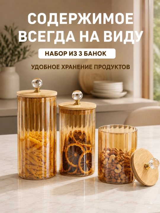 Стеклянная банка для орехов и сыпучих продуктов с крышкой и золотистой ручкой
