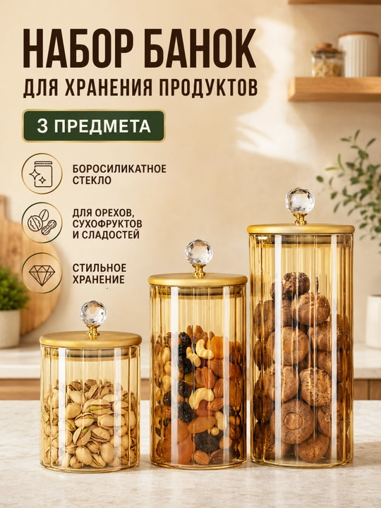 Стеклянная банка для орехов и сыпучих продуктов с крышкой и золотистой ручкой - 