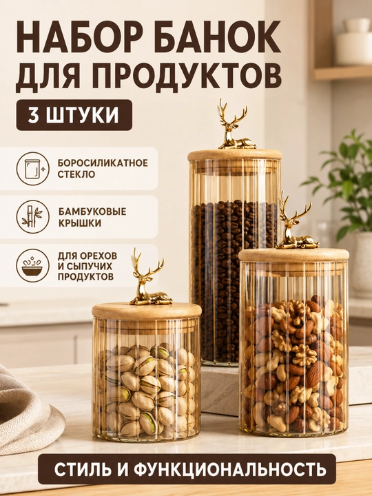 Стеклянная банка для орехов и сыпучих продуктов с крышкой и золотистой ручкой