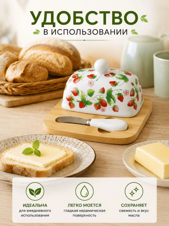 Керамическая маслёнка, с бамбуковым основанием и ножом