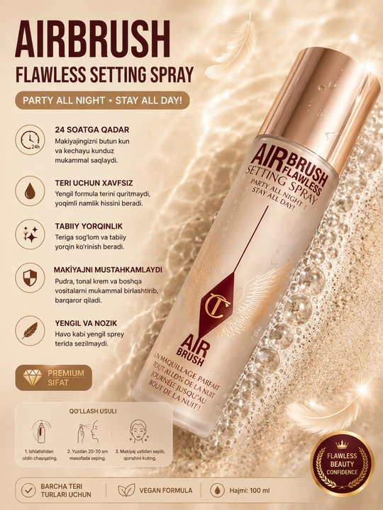 Airbrush Flawless makiyaj fiksatori, uzoq saqlovchi yuz spreyi, yengil va namlovchi 100 ml