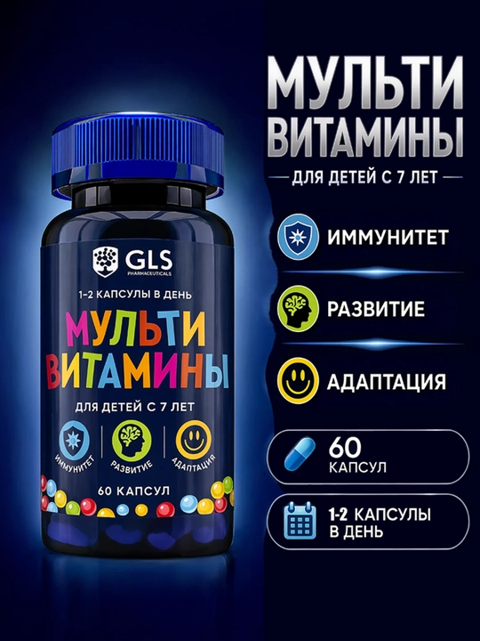 GLS Мультивитамины для детей и подростков, витамины и минералы, 60 капсул - 