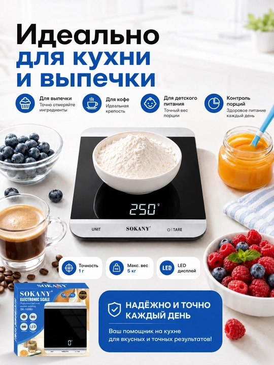 Электронные кухонные весы SOKANY SK-19089, до 5 кг, точность 1 г, стеклянная платформа - 